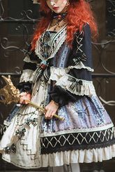 Robe OP Lolita Classique à Taille Haute Imprimée Rétro avec Manches Volantées Multicolores